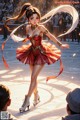 A woman in a red dress skating on an ice rink.